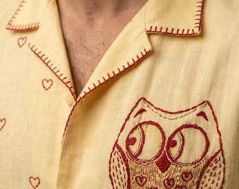 Yellow Linen Cotton Shirt, Heart Embroidery, Owl Motif, Cuban Collar, Resort Wear