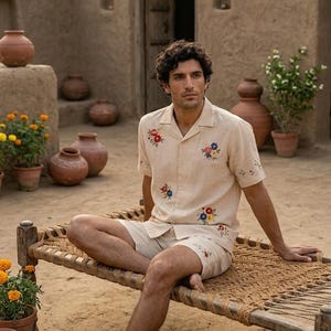 Puede incluir: Conjunto de camisa y pantal&oacute;n corto de lino beige con bordados florales coloridos. La camisa de manga corta tiene cuello y cierre de botones. El pantal&oacute;n corto llega a la rodilla. El conjunto lo lleva una persona sentada en un banco tejido.