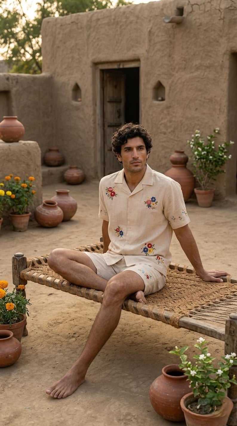 Puede incluir: Conjunto de camisa y pantal&oacute;n corto de lino beige con bordados florales coloridos. La camisa de manga corta tiene cuello y cierre de botones. El pantal&oacute;n corto llega a la rodilla. El conjunto lo lleva una persona sentada en un banco tejido.