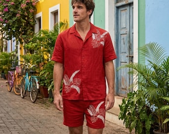 Red Linen Shirt Shorts Set, Hand-Embroidered Leaf Detail, Cuban Collar Resort Wear