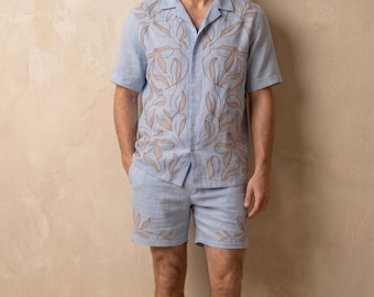 Men's Blue Linen Cotton Set | Hand-Embroidered Leaf Cuban Collar Shirt and Shorts