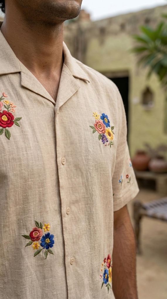 Men's Linen Cotton Shirt: Floral Embroidery, Cuban Collar, Summer Resort Wear