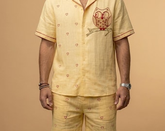 Yellow Linen Cotton Shirt and Shorts Set, Heart Embroidery, Owl Motif Resort Outfit