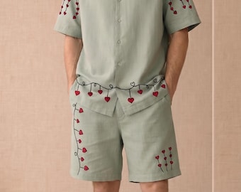 Sage Green Linen Shirt, Heart Embroidery, Cuban Collar, Resort Wear, Summer Men's Fashion