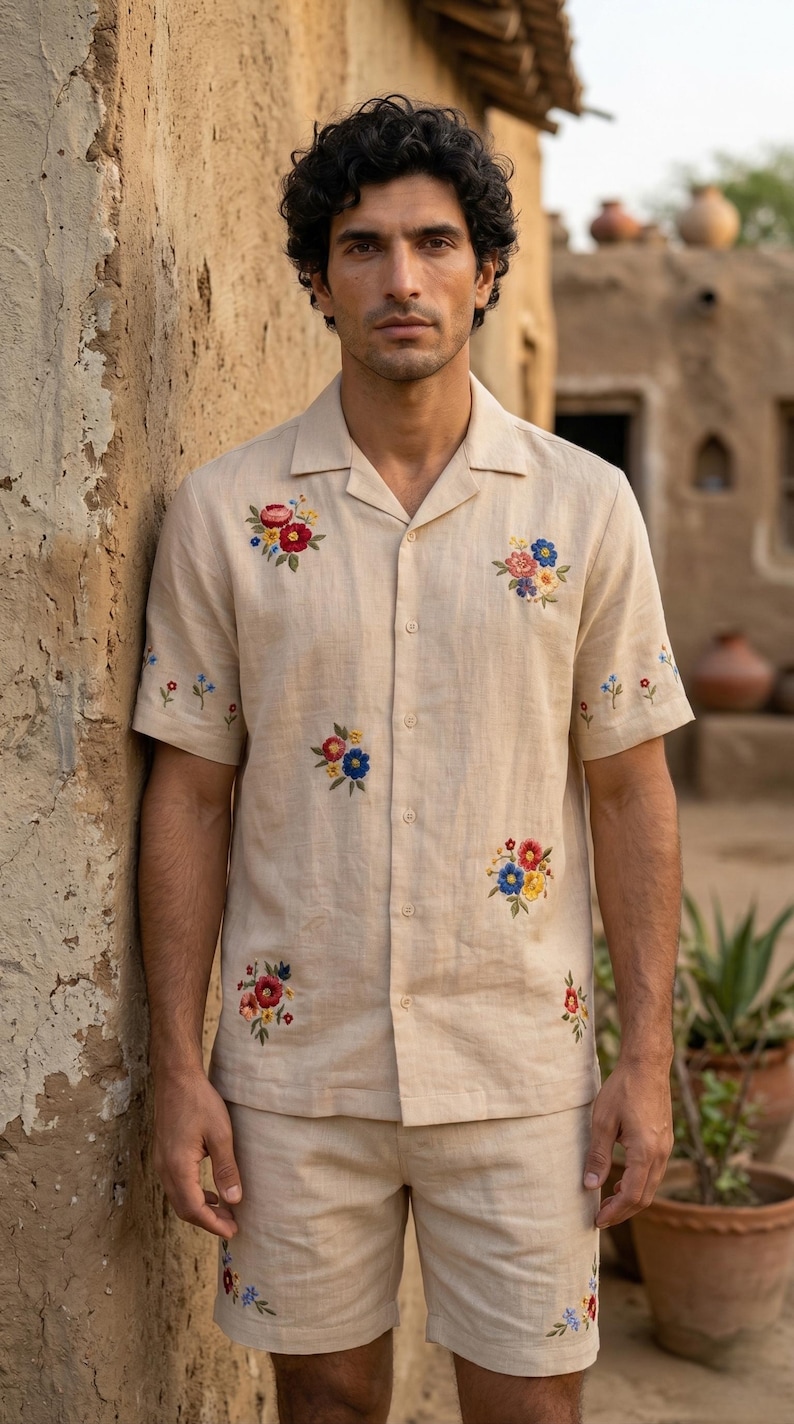 Puede incluir: Conjunto de camisa y pantal&oacute;n corto de lino beige con bordados florales coloridos. La camisa de manga corta tiene cuello de solapa y cierre de botones. El pantal&oacute;n corto tiene un dise&ntilde;o floral a juego en el dobladillo. Ideal para climas c&aacute;lidos.