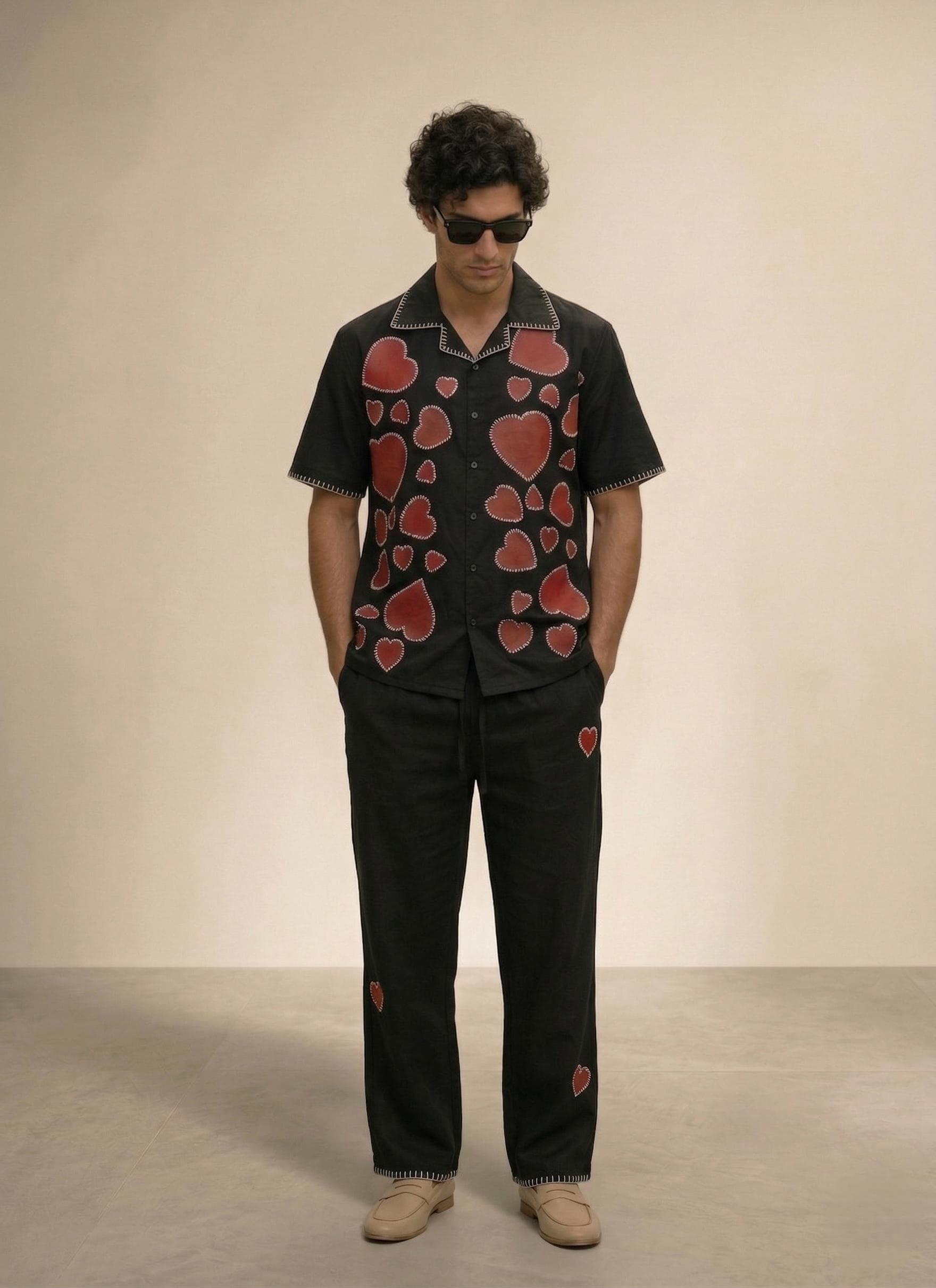 Men's Black Heart Embroidered Cotton Resort Set, Cuban Collar Shirt and Pants