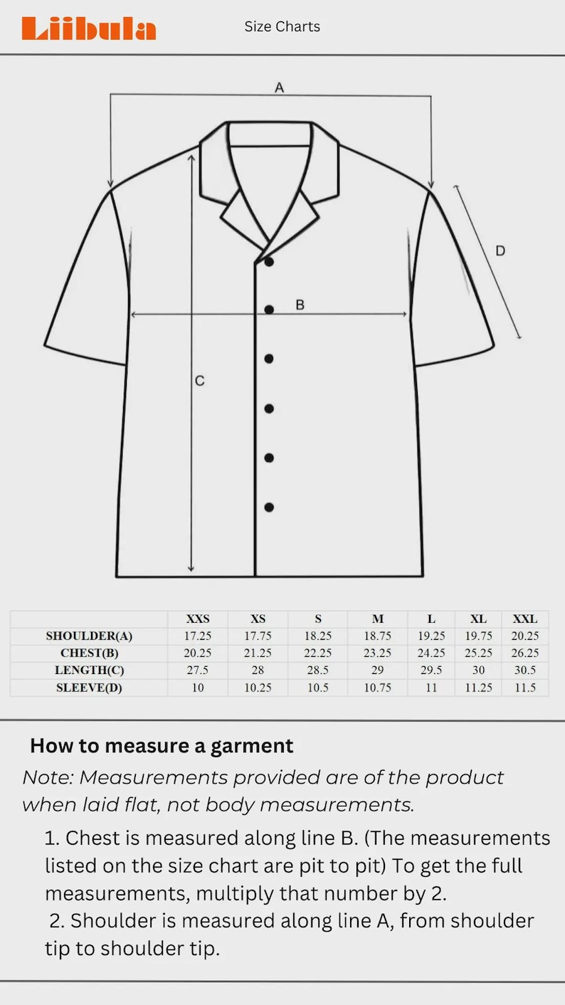 Puede incluir: Diagrama de una camisa blanca abotonada con una tabla de tallas. La tabla muestra medidas de hombro, pecho, largo y manga en cm. Se incluyen instrucciones sobre c&oacute;mo medir la prenda.