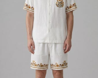 White Linen Cotton Shirt and Shorts Set, Floral Embroidery, Cuban Collar Resort Wear