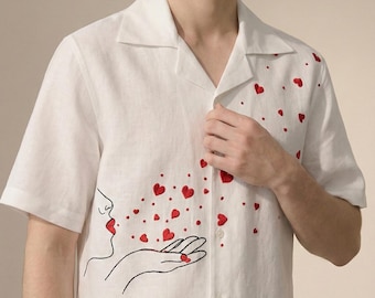 Embroidered Heart Linen Cotton Cuban Collar Shirt – White Button Down Resort Wear