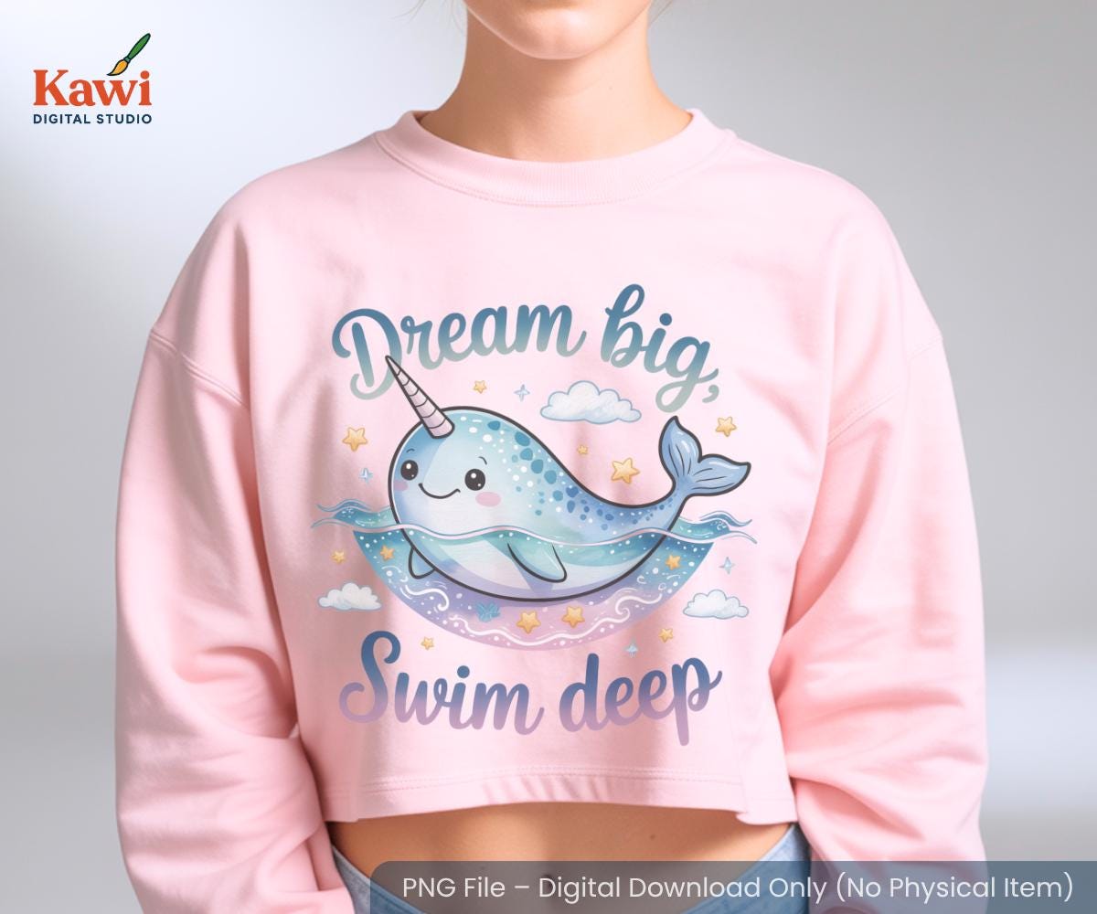 パステル水彩画のイッカクのクリップアート：星と雲のあるクジラ（PNG