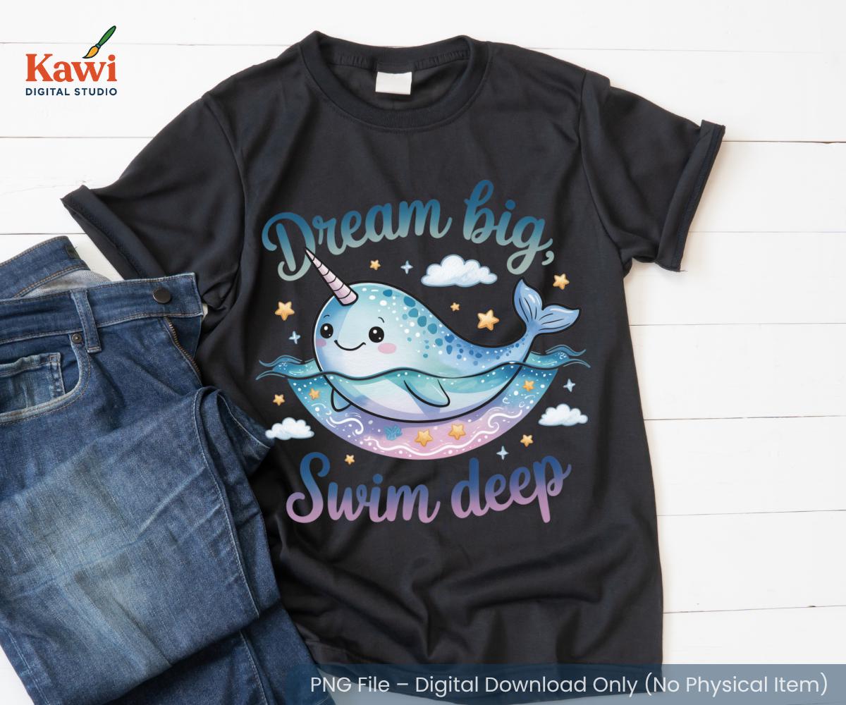 パステル水彩画のイッカクのクリップアート：星と雲のあるクジラ（PNG