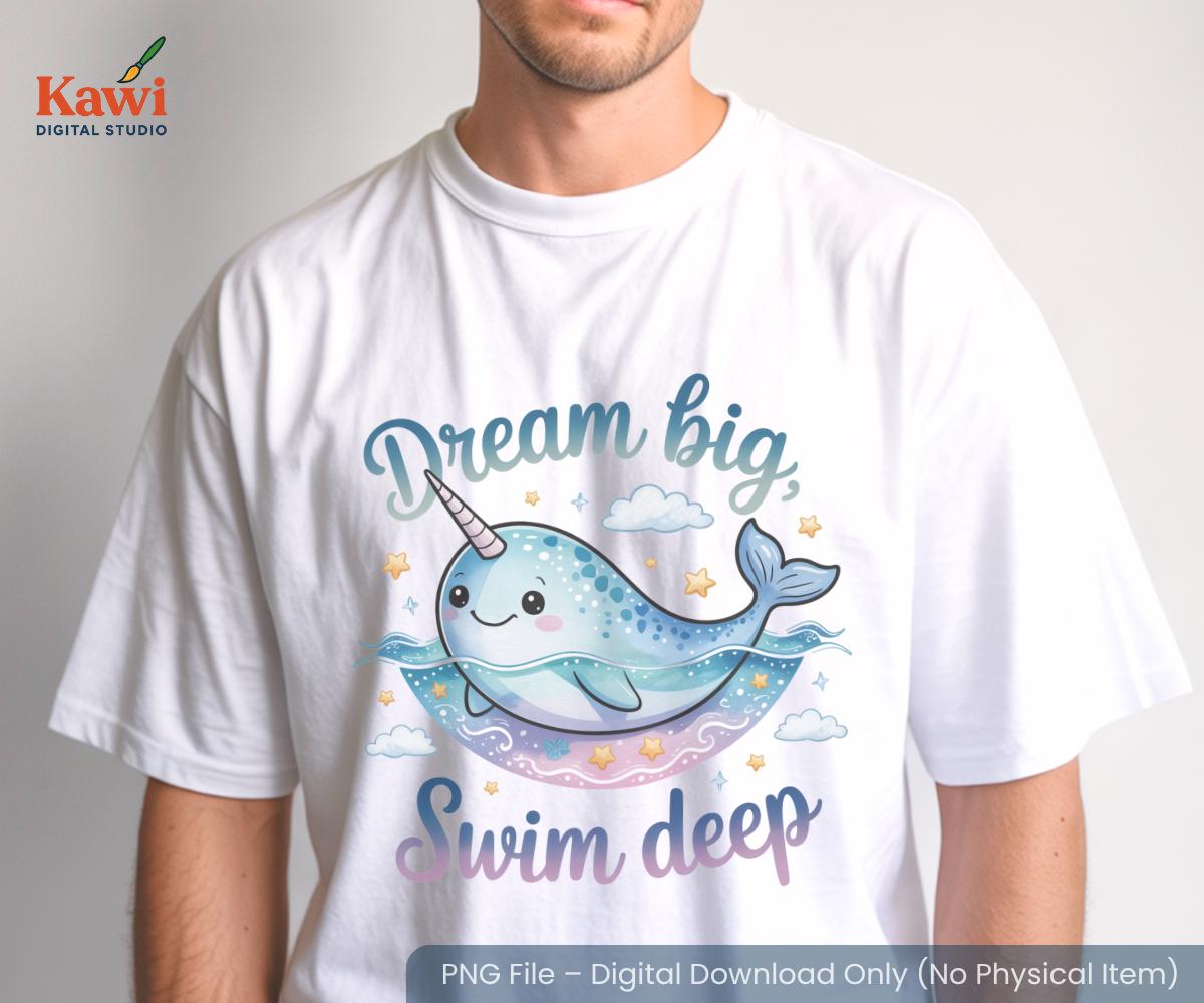 パステル水彩画のイッカクのクリップアート：星と雲のあるクジラ（PNG