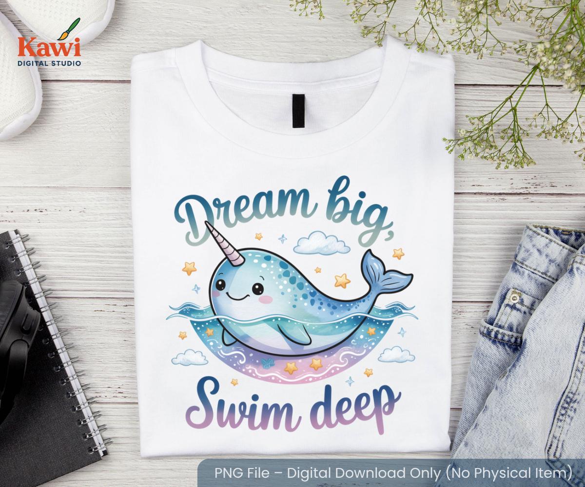 パステル水彩画のイッカクのクリップアート：星と雲のあるクジラ（PNG