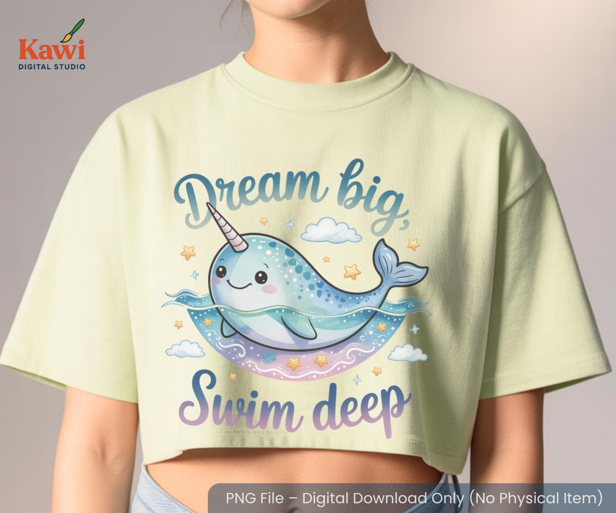 パステル水彩画のイッカクのクリップアート：星と雲のあるクジラ（PNG