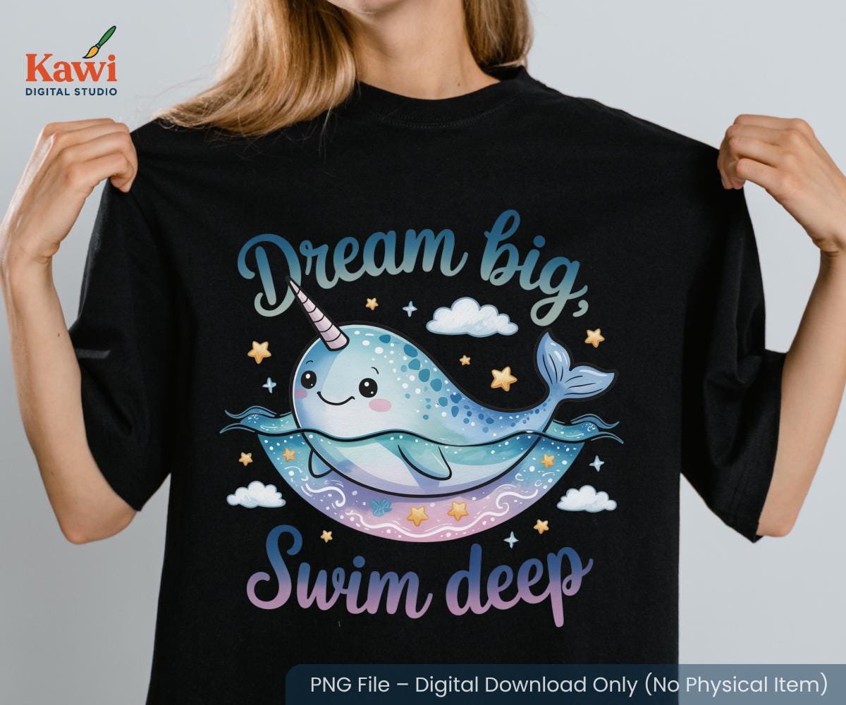 パステル水彩画のイッカクのクリップアート：星と雲のあるクジラ（PNG