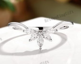 Marquise Diamond Chevron Wedding Band V Shape Curved Enhancer Ring