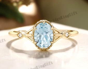 Oval Aquamarine Ring Yellow Gold, Vintage Aquamarine Engagement Ring, March Birthstone Ring, Unique Gold Promise Ring for Her