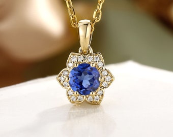 Blue Sapphire Flower Necklace, Yellow Gold Floral Pendant, Dainty Moissanite Halo Necklace, Gift for Her