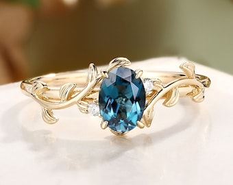 London Blue Topaz Engagement Ring, Yellow Gold Leaf Ring, Moissanite Accent