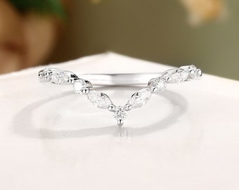 White Gold Marquise Moissanite Wedding Band - Curved Stacking Ring