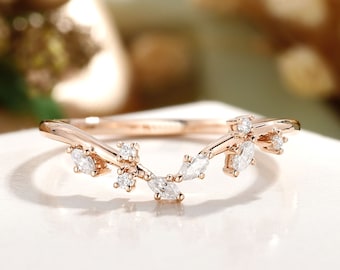 Gold Leaf Wedding Band, Twig Ring with Moissanite Flower Accent