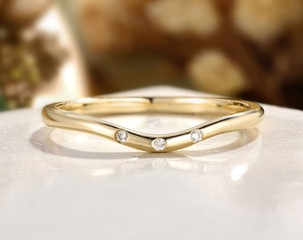 Curved Wedding Band, Bezel Wedding Ring, Thin Gold Stacking Band for Women