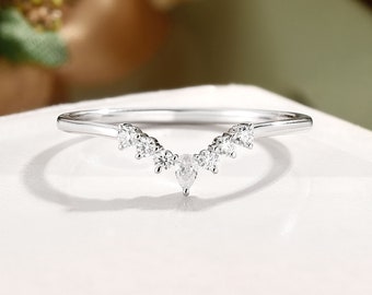 Curved Pear Moissanite Wedding Band, White Gold Matching Ring