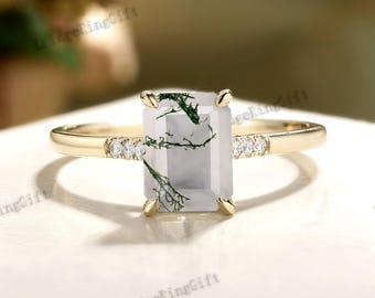 Emerald Cut Moss Agate Engagement Ring, 14K Yellow Gold, Art Deco