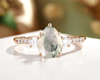 Pear Moss Agate Engagement Ring, Rose Gold Moissanite Accents