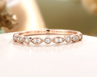 Vintage Moissanite Wedding Ring, Milgrain Solid Rose Gold Band