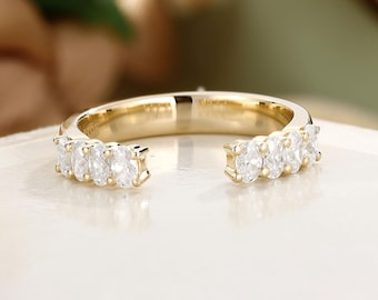 Gold Gap Band Open Wedding Band Oval Cut Wedding Ring Moissanite Stacking Ring Vintage Wedding Band Yellow Gold Band Gift for Her