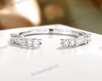 Baguette Moissanite Open Wedding Band, White Gold Stacking Ring