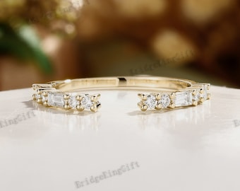 Open Wedding Band, Gold Gap Wedding Ring, Baguette Wedding Band, Moissanite Wedding Ring Moissanite Stacking Ring