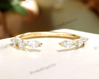 Open Gap Marquise Moissanite Band, Vintage Wedding Band, Matching Stacking Ring, Yellow Gold Open Band, Enhancer Ring