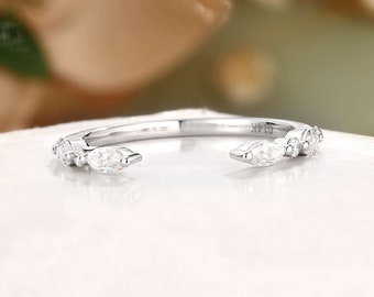 Marquise Moissanite Open Wedding Band, White Gold Stacking Ring