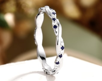 Twisted Sapphire Moissanite Eternity Band, Sapphire Wedding Band, Anniversary Ring
