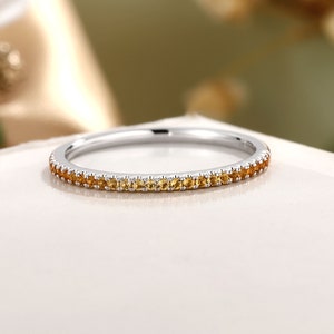 Art Deco Citrine Wedding Band, White Gold Stacking Ring