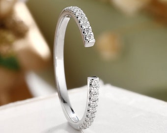 Open Wedding Band Gold, Gap Wedding Ring, Moissanite Wedding Band, Unique Wedding Ring White Gold