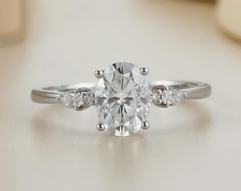 Oval Moissanite Engagement Ring, Pear Side Stone Ring