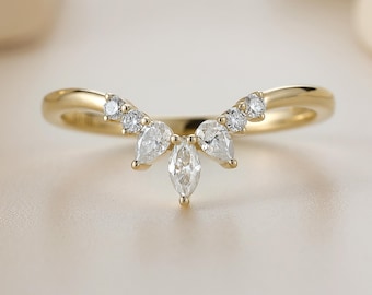 Curved Wedding Band, Marquise Pear and Round Stone Chevron Ring, Contoured Nesting Band, Moissanite or Lab Grown Diamond Ring