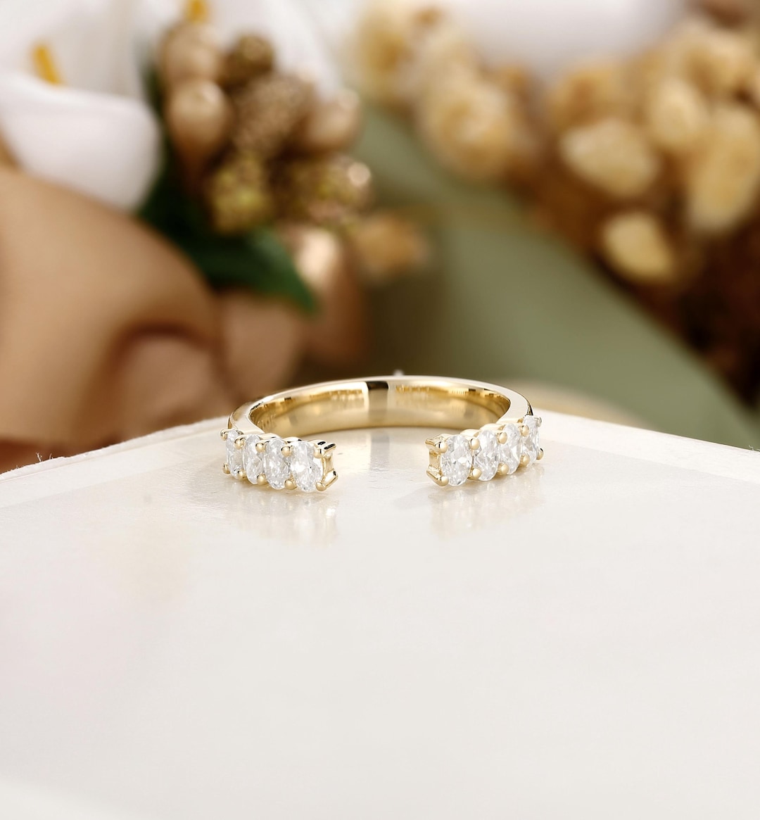 Gold Gap Band Open Wedding Band Oval Cut Wedding Ring Moissanite ...