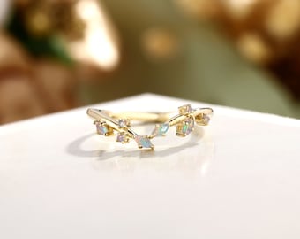 Leaf Opal Wedding Band, Opal Flower Wedding Ring, Opal Twig Ring, Opal Curved Wedding Ring, Matching Ring, Promise Ring, Yellow Gold Ring