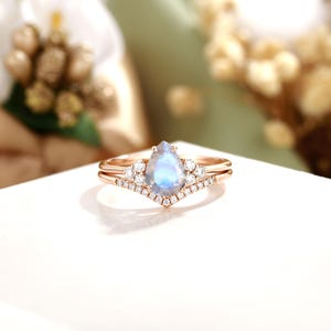 Unique Moonstone Ring For Women, Pear Moonstone Ring Set, Moonstone Engagement Ring, 14K Solid Rose Gold Ring, Handmade Gift For Her