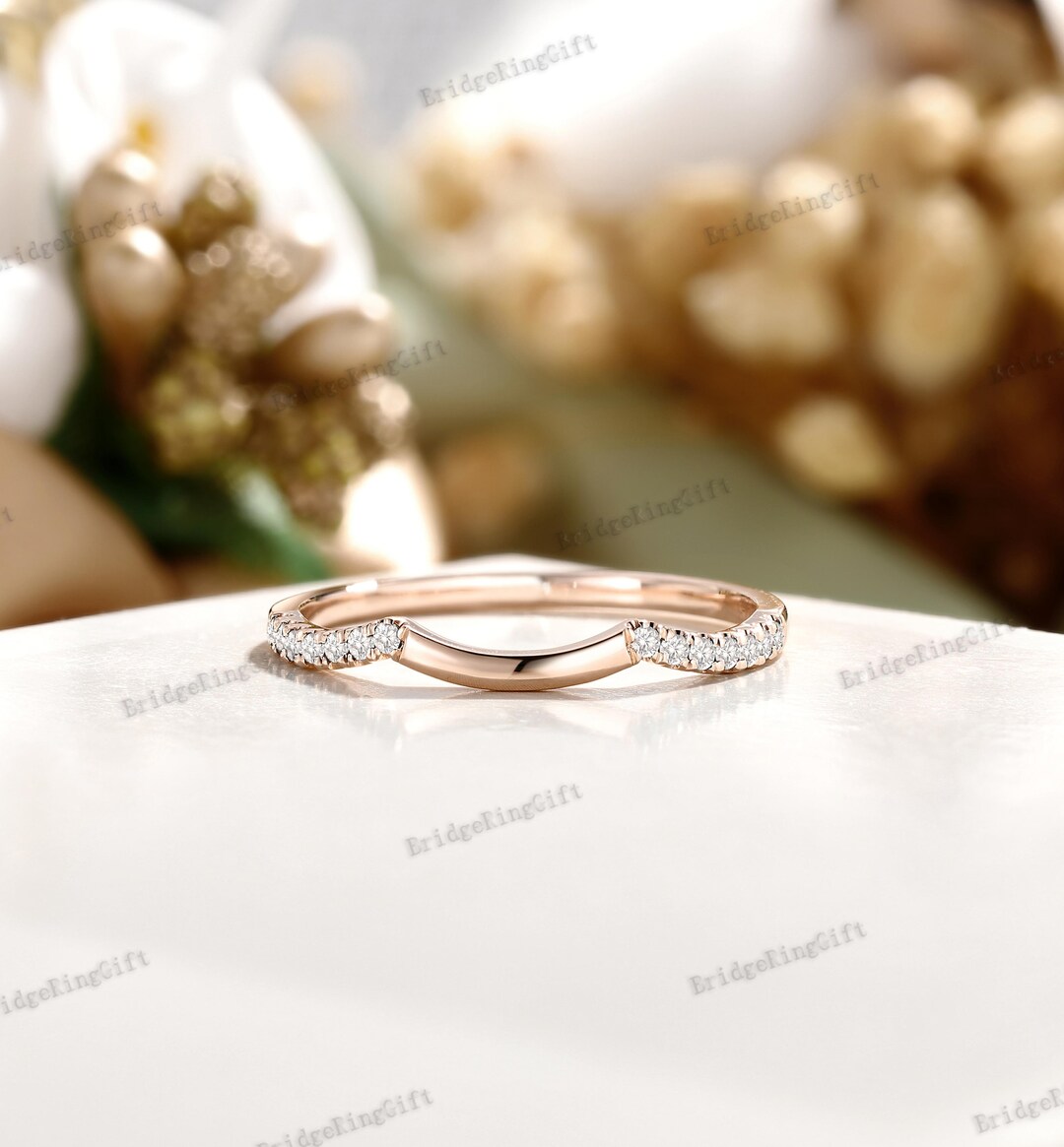 Curved Moissanite Wedding Ring, Art Deco Rose Gold Band - Etsy