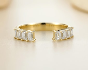 Emerald Cut Open Wedding Band, Moissanite or Lab Diamond Gap Ring, 14K Gold Bridal Ring Enhancer, Custom Open Band