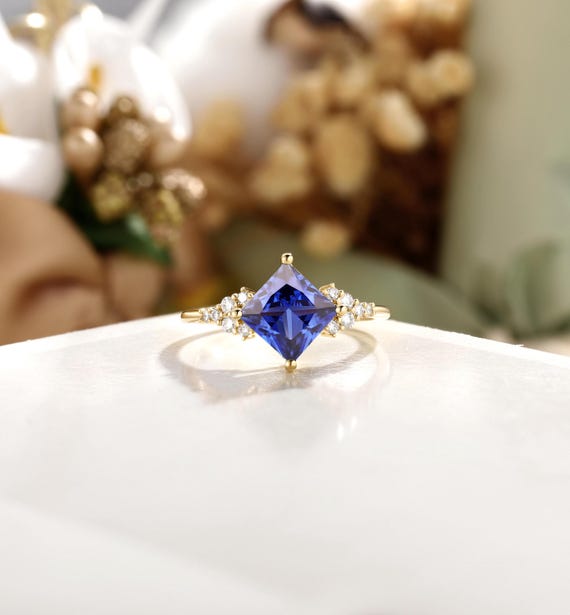 プリンセスカット ラボサファイアリング、ダイヤモンド 14K ローズ 