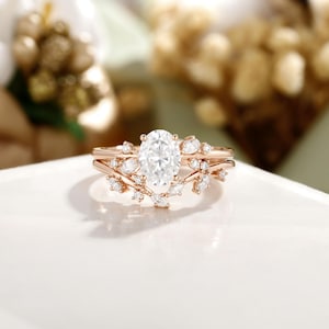 Oval Cut Moissanite Ring Set, Vintage Moissanite Engagement Ring, Dainty Moissanite Ring, Leaf Wedding Band, Flower Wedding Band