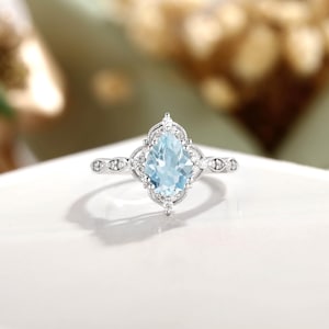 Delicate Pear Cut Aquamarine Engagement Ring with Milgrain Detail, Handcrafted Bridal Jewelry, Anniversary Gift, Solid White Gold Ring
