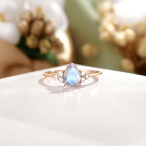 Unique Moonstone Engagement Ring, Pear Cut Moonstone Ring, Moissanite Cluster Ring, 14K Solid White Gold Ring, Handmade Gift For Her