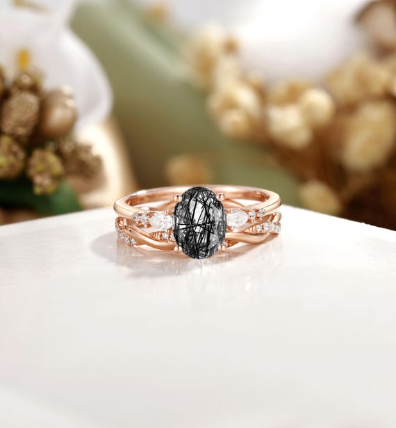 Black Rutilated Quartz Ring Set, Unique Quartz Ring, Twisted